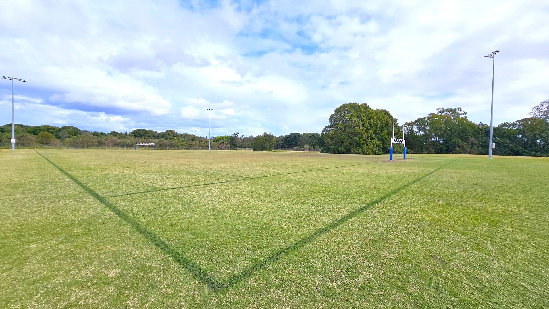 A grassy sports field with a rugby goalpost on the right, marked by blue padding. The field is lined with dark green markings. In the background, there are trees and shrubs, with tall floodlights on both sides of the field. The sky is overcast with patches of blue and white clouds.