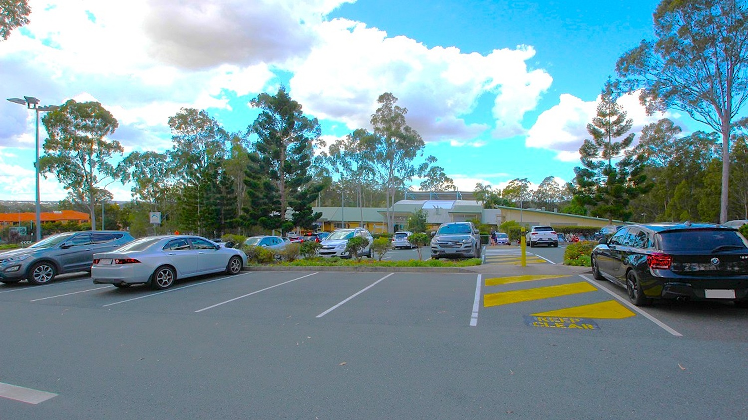 A closer look at one of the eight accessible car spaces in the area. Several cars are parked in various orientations, and the presence of prominent gum trees provides effective shading throughout the entire area. Yellow and white road markings are utilized to ensure the orderly arrangement of parking spaces. Also, small gardens adorn the front view of these parking spaces.