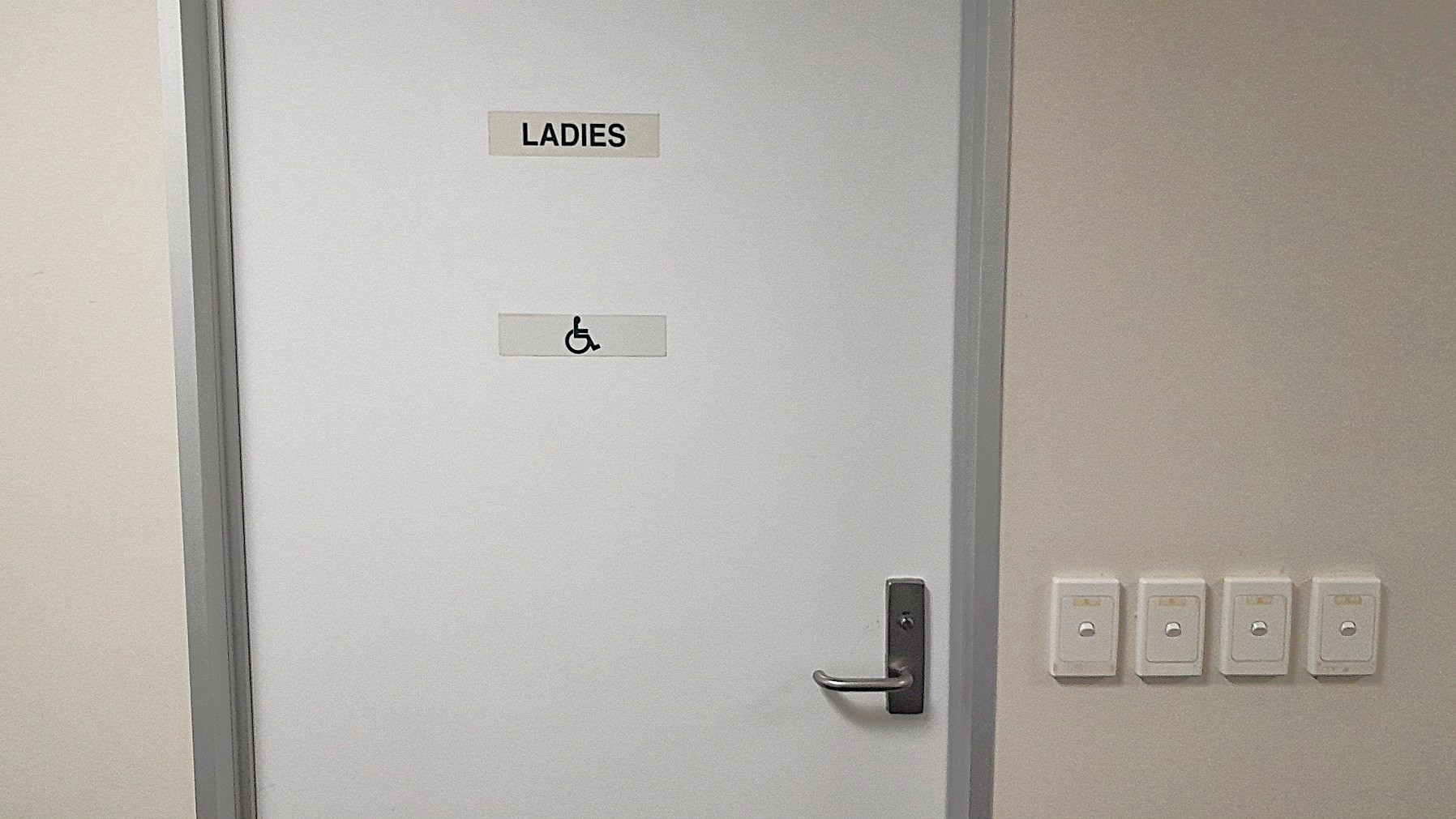 A white door with a sign labelled "LADIES" and a wheelchair accessibility symbol. The door has a silver handle. To the right, there are three light switches on a light green wall. The door frame is grey.