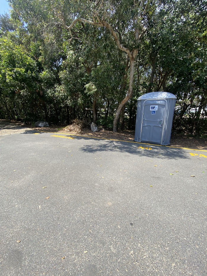 On the left, dense trees and shrubs form a shaded border with visible patches of dry ground at their base. On the right, a grey portable toilet is positioned on compacted soil near the edge of the tree line, marked by yellow painted parking bay lines on the ground. In the foreground, the floor consists of a dark asphalt surface with scattered light debris and faint shadows cast by the trees above. On the left, dense trees and shrubs form a shaded border with visible patches of dry ground at their base. On the right, a grey portable toilet is positioned on compacted soil near the edge of the tree line, marked by yellow painted parking bay lines on the ground. In the foreground, the floor consists of a dark asphalt surface with scattered light debris and faint shadows cast by the trees above.