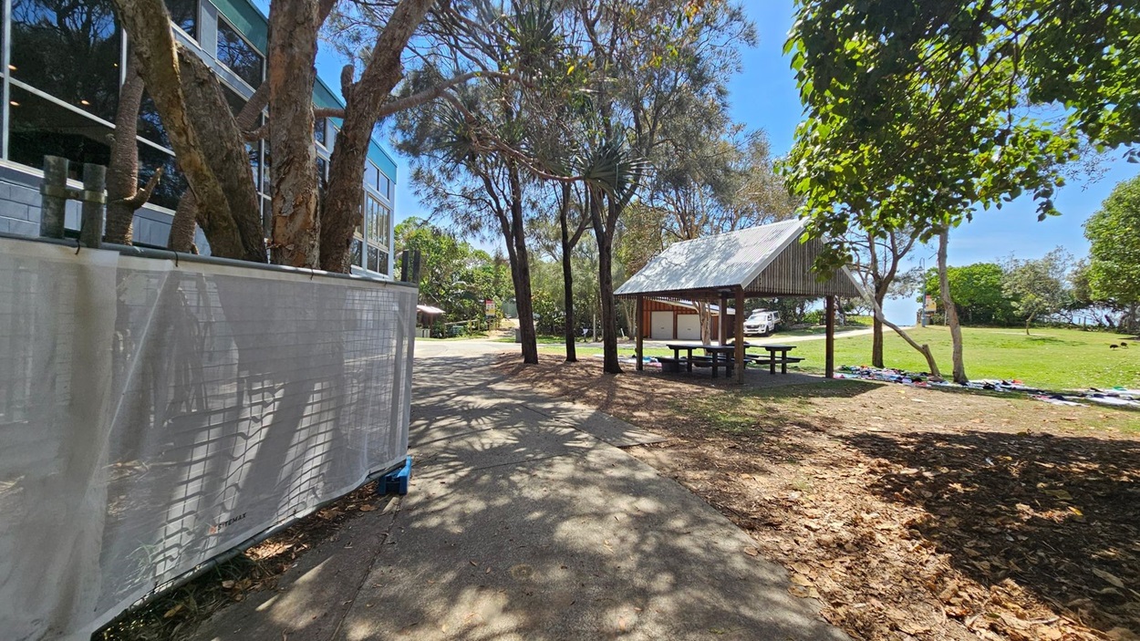 On the left, a multi-storey building with large windows is partially obscured by several trees and a white mesh barrier. On the right, a timber picnic shelter with a metal roof stands next to scattered trees and an open grassy area. In the foreground, a concrete pathway extends through dappled shade from surrounding trees, while dry leaves are scattered on the ground. A white vehicle is visible in the background near more trees and shrubs. On the left, a multi-storey building with large windows is partially obscured by several trees and a white mesh barrier. On the right, a timber picnic shelter with a metal roof stands next to scattered trees and an open grassy area. In the foreground, a concrete pathway extends through dappled shade from surrounding trees, while dry leaves are scattered on the ground. A white vehicle is visible in the background near more trees and shrubs.