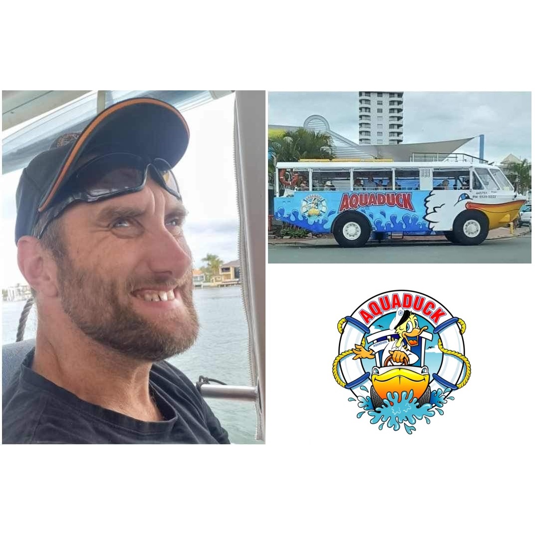 A man with sunglasses on a boat, plus a bus and a logo graphic. A man with sunglasses on a boat, plus a bus and a logo graphic.