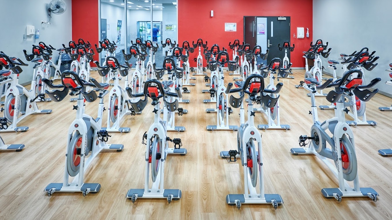 A spacious indoor cycling studio, symmetrically arranged with rows of stationary exercise bikes on both the left and right sides. Each bike is equipped with a red flywheel and a black saddle. The flooring is made of timber, and the far wall is painted red, featuring a black door and a section covered with mirrors. The left wall has light colours with a wall fan affixed.