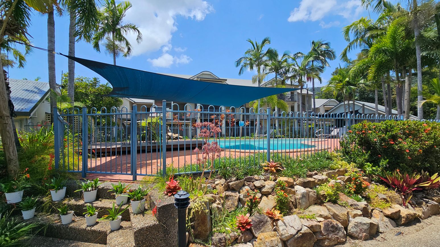A garden with a variety of plants in white pots is in the foreground, set on a stone and concrete surface. Behind it, a blue metal fence encloses a swimming pool area with a shade sail overhead. The background features a building with a grey roof, surrounded by tall palm trees and lush greenery. The sky is clear with a few clouds. A garden with a variety of plants in white pots is in the foreground, set on a stone and concrete surface. Behind it, a blue metal fence encloses a swimming pool area with a shade sail overhead. The background features a building with a grey roof, surrounded by tall palm trees and lush greenery. The sky is clear with a few clouds.