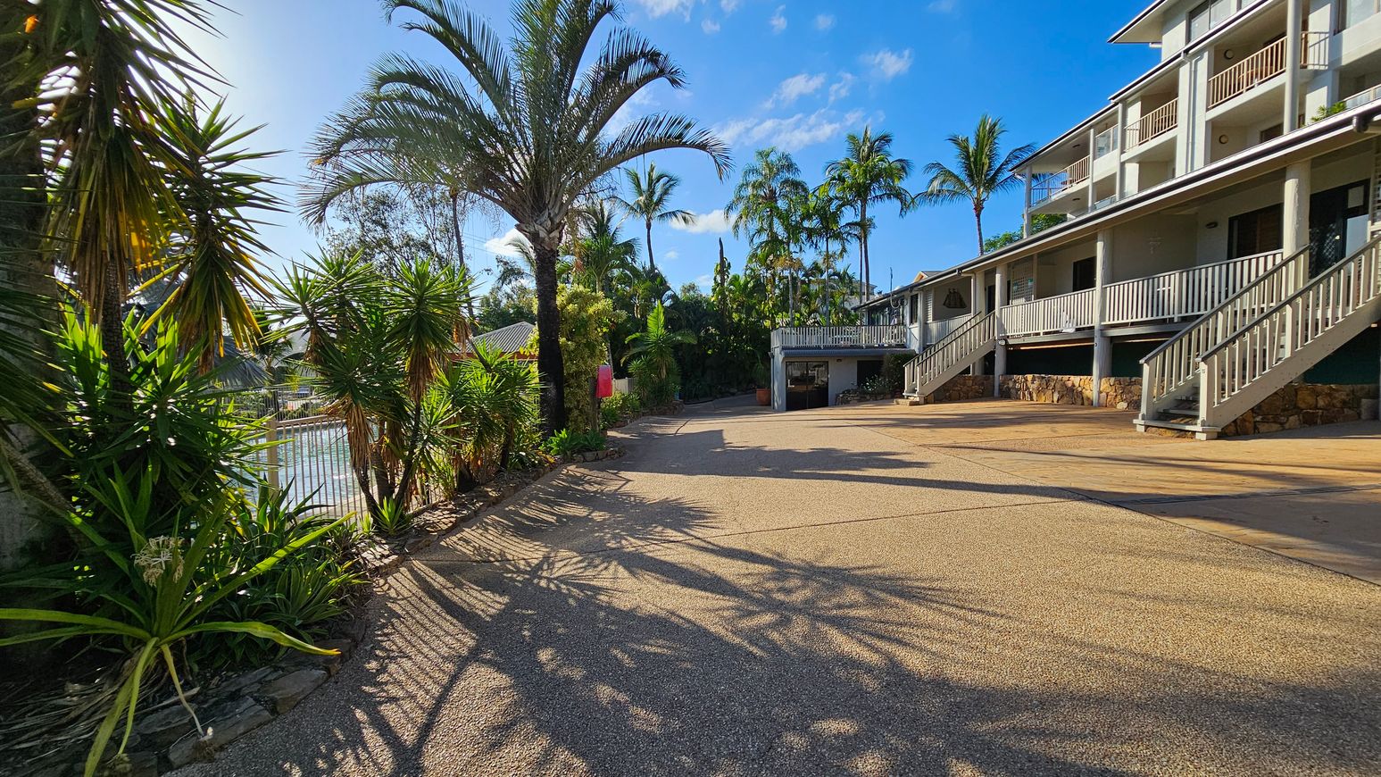 A paved driveway leads to a building on the right with multiple staircases and balconies. On the left, there are various palm trees and tropical plants casting shadows on the ground. In the background, more palm trees are visible, and a fence runs along the left side. The sky is clear and blue. A paved driveway leads to a building on the right with multiple staircases and balconies. On the left, there are various palm trees and tropical plants casting shadows on the ground. In the background, more palm trees are visible, and a fence runs along the left side. The sky is clear and blue.