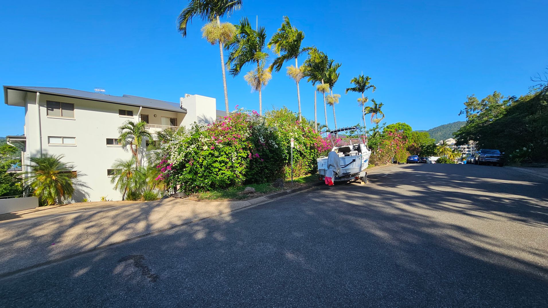A residential street with a light-coloured house on the left, surrounded by palm trees and lush greenery with pink and white flowers. A boat is parked on the right side of the road, and several cars are visible further down the street. The road is shaded by the trees, and a mountain is visible in the background. A residential street with a light-coloured house on the left, surrounded by palm trees and lush greenery with pink and white flowers. A boat is parked on the right side of the road, and several cars are visible further down the street. The road is shaded by the trees, and a mountain is visible in the background.