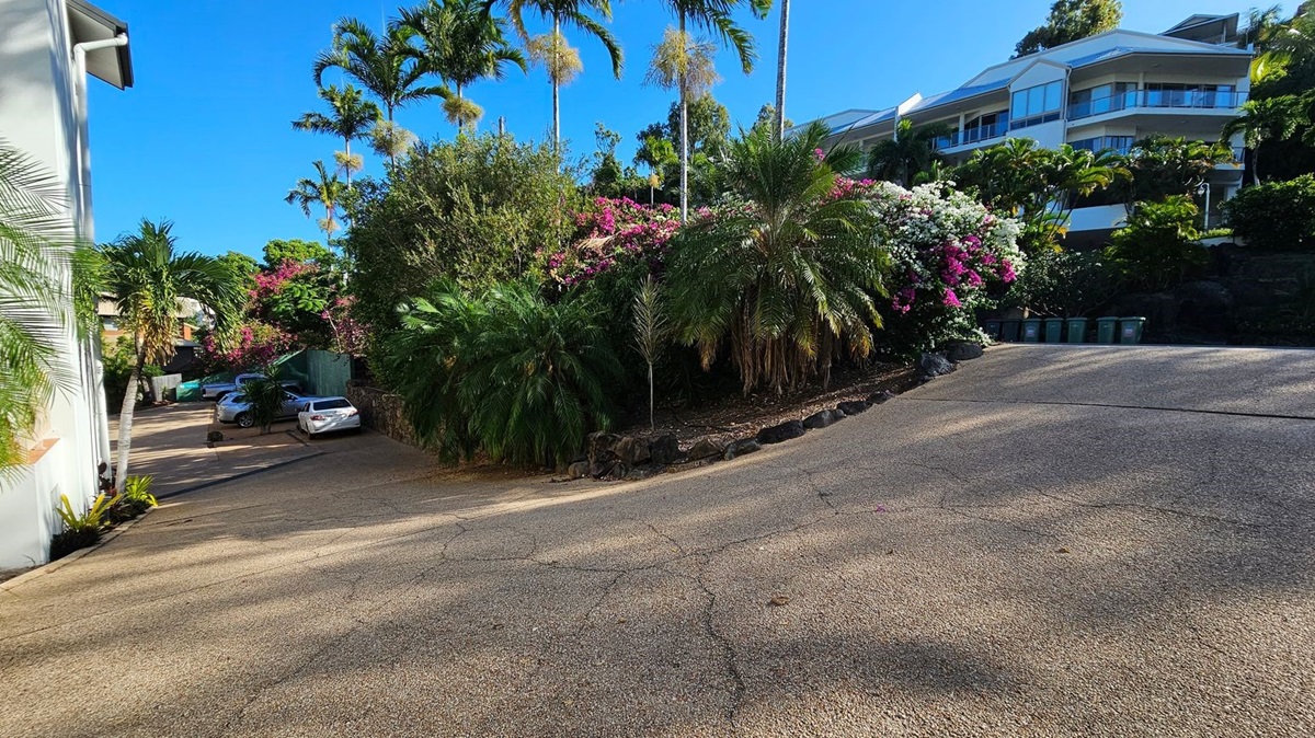 A sloped driveway with a cracked surface leads up to a residential area. On the left, a white building is partially visible with palm trees and parked cars in a small lot. In the centre, lush greenery and vibrant pink and white flowering bushes line the driveway. On the right, a modern multi-storey building is surrounded by more palm trees and greenery. Several green bins are lined up near the building. A sloped driveway with a cracked surface leads up to a residential area. On the left, a white building is partially visible with palm trees and parked cars in a small lot. In the centre, lush greenery and vibrant pink and white flowering bushes line the driveway. On the right, a modern multi-storey building is surrounded by more palm trees and greenery. Several green bins are lined up near the building.