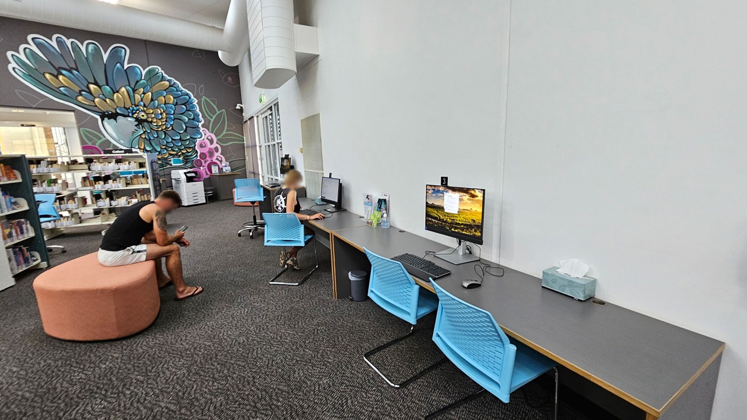 A library interior with a large mural of a colourful bird on the left wall. Below the mural, a man sits on a round, orange ottoman, looking at his phone. To the right, a row of computers on a long desk with blue chairs. A person is using one of the computers. The floor is carpeted in a dark grey pattern, and the ceiling has a large white duct. Bookshelves are visible in the background.