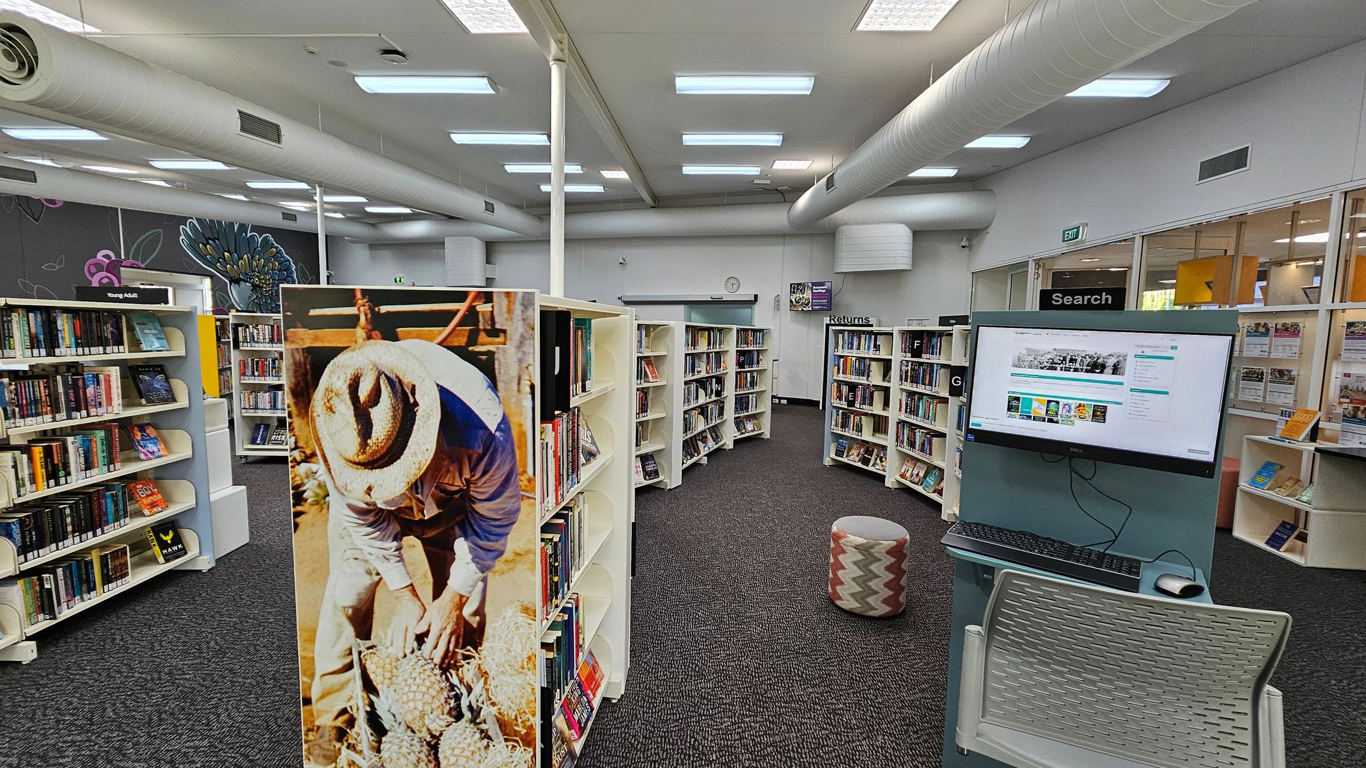 A library interior with bookshelves arranged in a semi-circle. On the left, a shelf labelled "Young Adult" displays various books. In the centre, a large image of a person in a hat handling pineapples is attached to a bookshelf. On the right, a computer station with a monitor and keyboard is available for searching. The floor is carpeted, and the ceiling has exposed ductwork and fluorescent lights. An exit sign and glass-walled room are visible in the background.