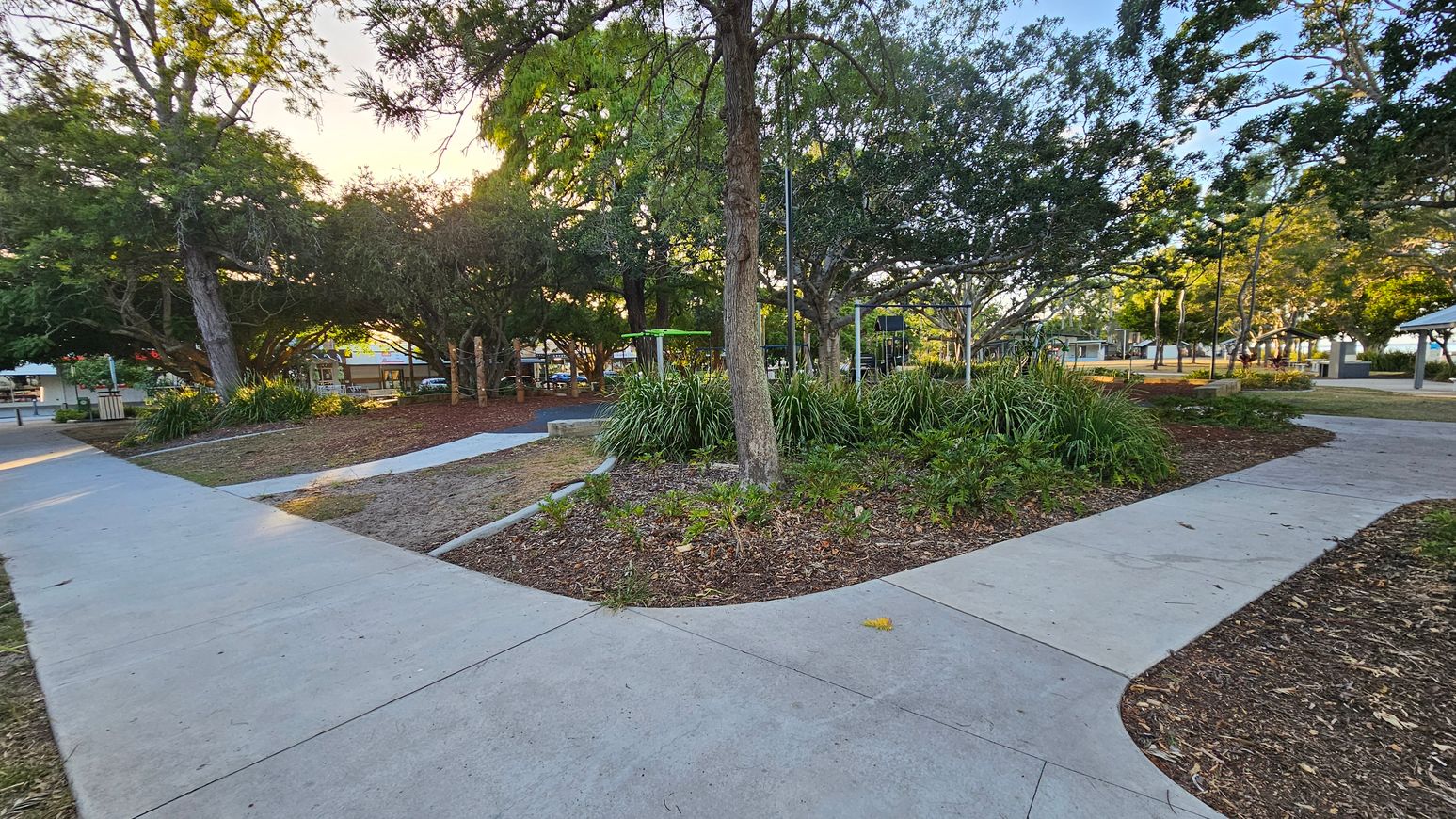 Concrete paths intersect in a park setting, surrounded by trees and greenery. In the centre, a tree is encircled by a landscaped area with plants. To the left, more trees provide shade, and a small structure is visible in the background. On the right, additional trees and a glimpse of a building can be seen. The ground is covered with mulch and grass, and the area is well-maintained. Concrete paths intersect in a park setting, surrounded by trees and greenery. In the centre, a tree is encircled by a landscaped area with plants. To the left, more trees provide shade, and a small structure is visible in the background. On the right, additional trees and a glimpse of a building can be seen. The ground is covered with mulch and grass, and the area is well-maintained.