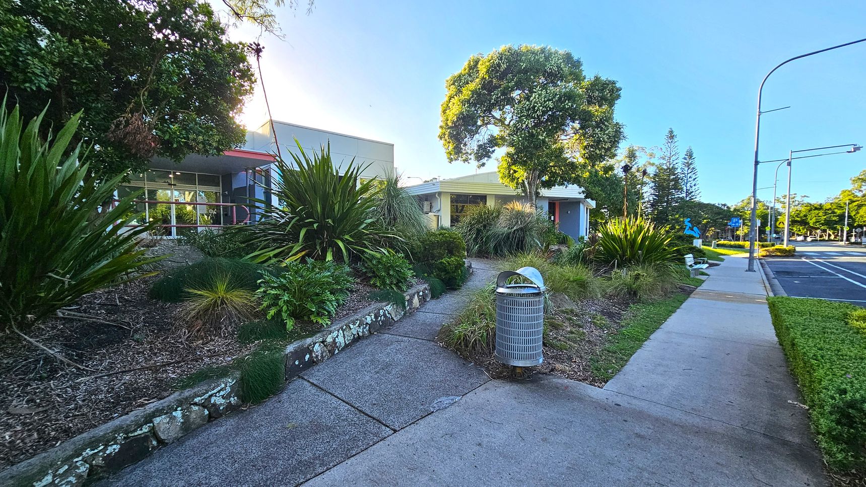 A pathway leads through a landscaped area with dense greenery and shrubs on the left. A building with large windows is partially visible behind the plants. On the right, a concrete footpath runs alongside a road with a parking area. A metal rubbish bin and a white bench are positioned near the path. Tall trees and streetlights are visible in the background, with a clear blue sky above. A pathway leads through a landscaped area with dense greenery and shrubs on the left. A building with large windows is partially visible behind the plants. On the right, a concrete footpath runs alongside a road with a parking area. A metal rubbish bin and a white bench are positioned near the path. Tall trees and streetlights are visible in the background, with a clear blue sky above.