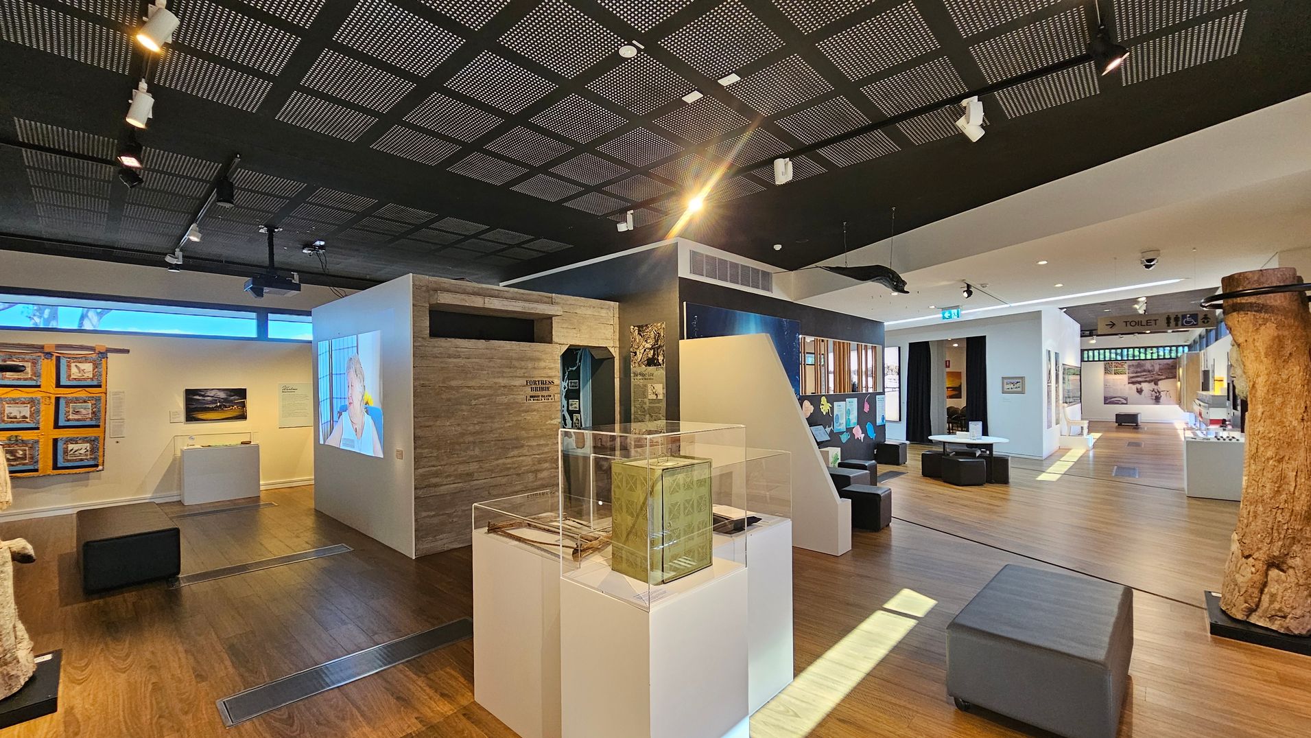 A modern museum interior with wooden flooring and a perforated black ceiling. In the centre, a display case contains artefacts. To the left, framed artworks and a video projection on a wall. On the right, seating areas with black ottomans and a large tree trunk exhibit. The background features a corridor with signage for toilets and additional displays. Bright lighting highlights the exhibits, creating a spacious and organised atmosphere.