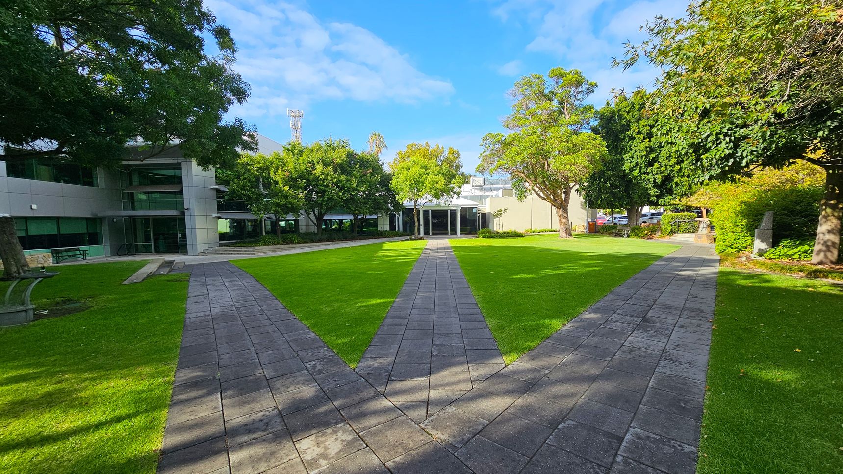 A landscaped area with a V-shaped paved pathway leading towards a building in the background. The building has large windows and is partially obscured by trees. On the left, there is a modern structure with glass and metal elements. The right side features dense greenery and parked cars partially visible through the foliage. The foreground is a well-maintained lawn bordered by the pathway. A landscaped area with a V-shaped paved pathway leading towards a building in the background. The building has large windows and is partially obscured by trees. On the left, there is a modern structure with glass and metal elements. The right side features dense greenery and parked cars partially visible through the foliage. The foreground is a well-maintained lawn bordered by the pathway.