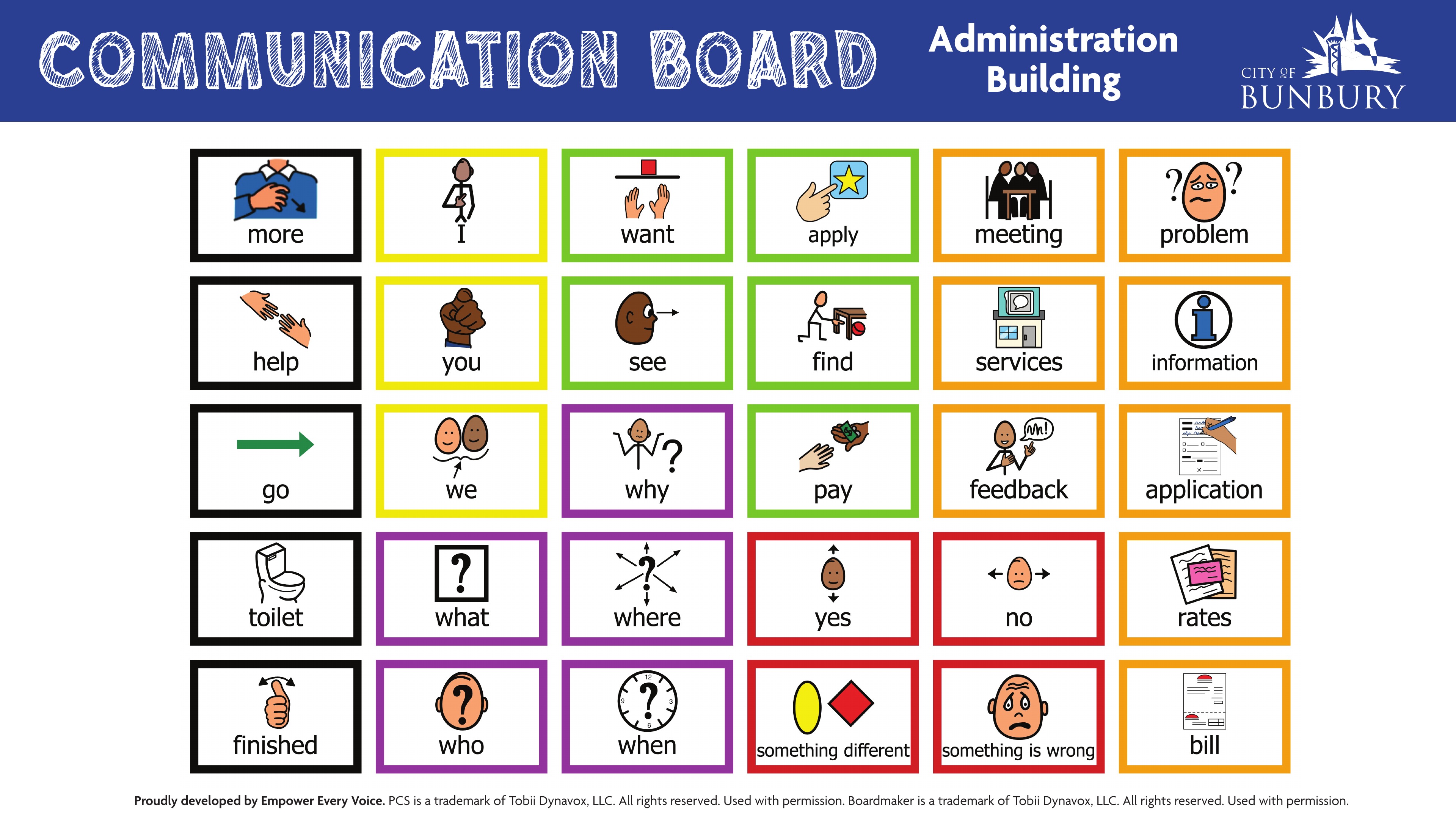 City of Bunbury Administration Building Communication Board for non-verbal visitors to support participation.