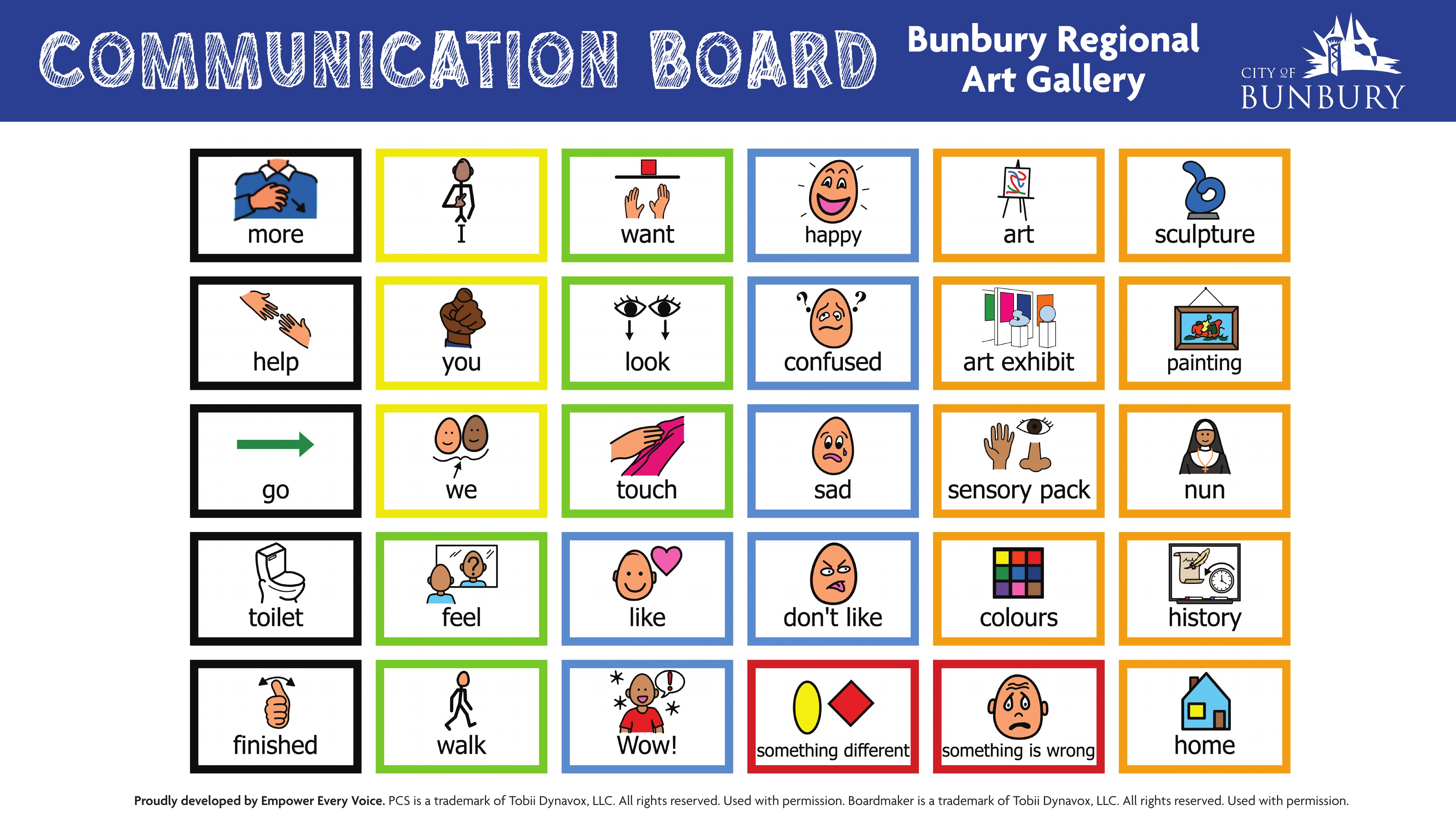 Bunbury Regional Art Gallery Communication Board for non-verbal visitors.