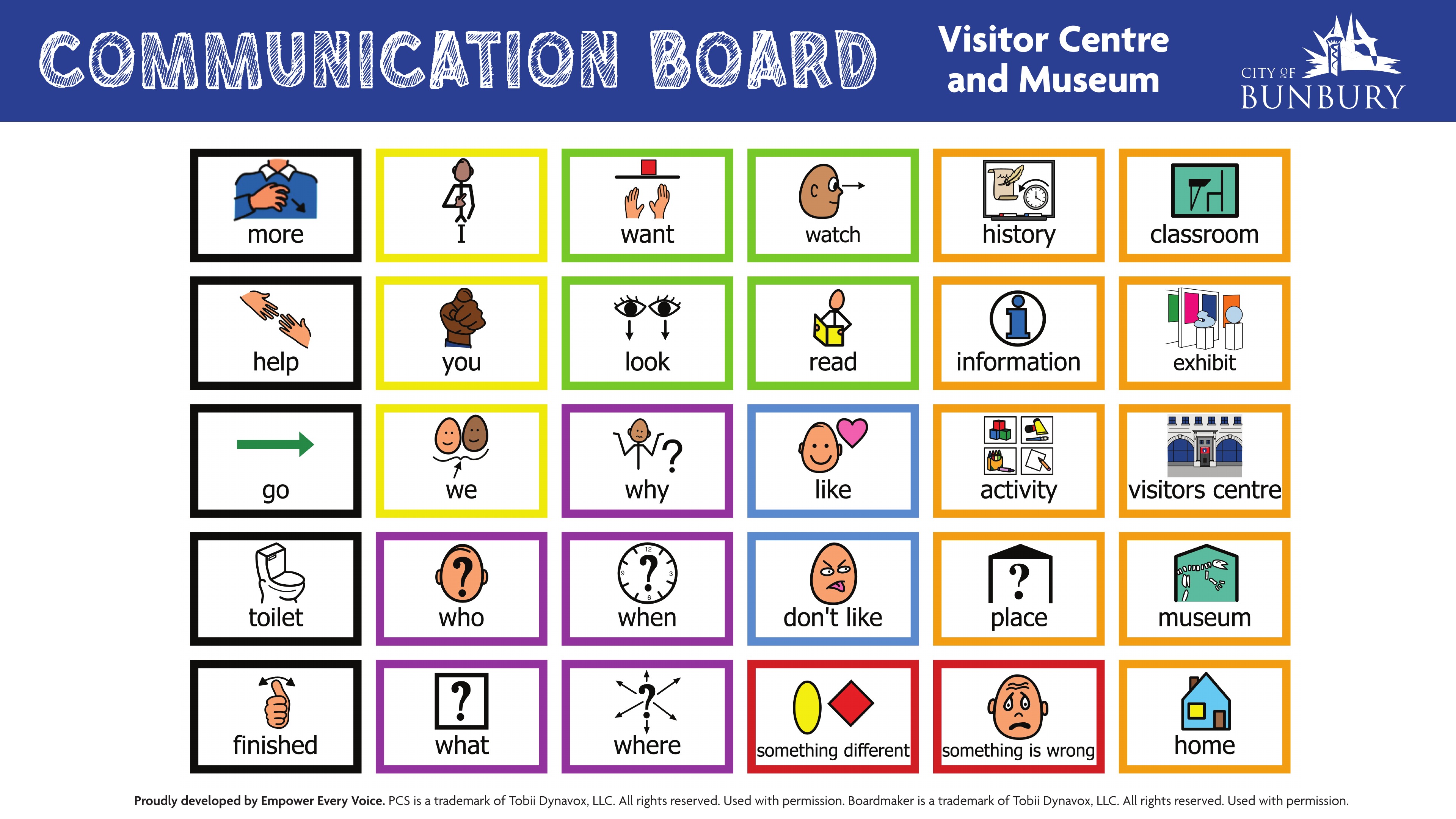 Bunbury Visitor Information Centre and Bunbury Museum Communication Board for non-verbal visitors. 