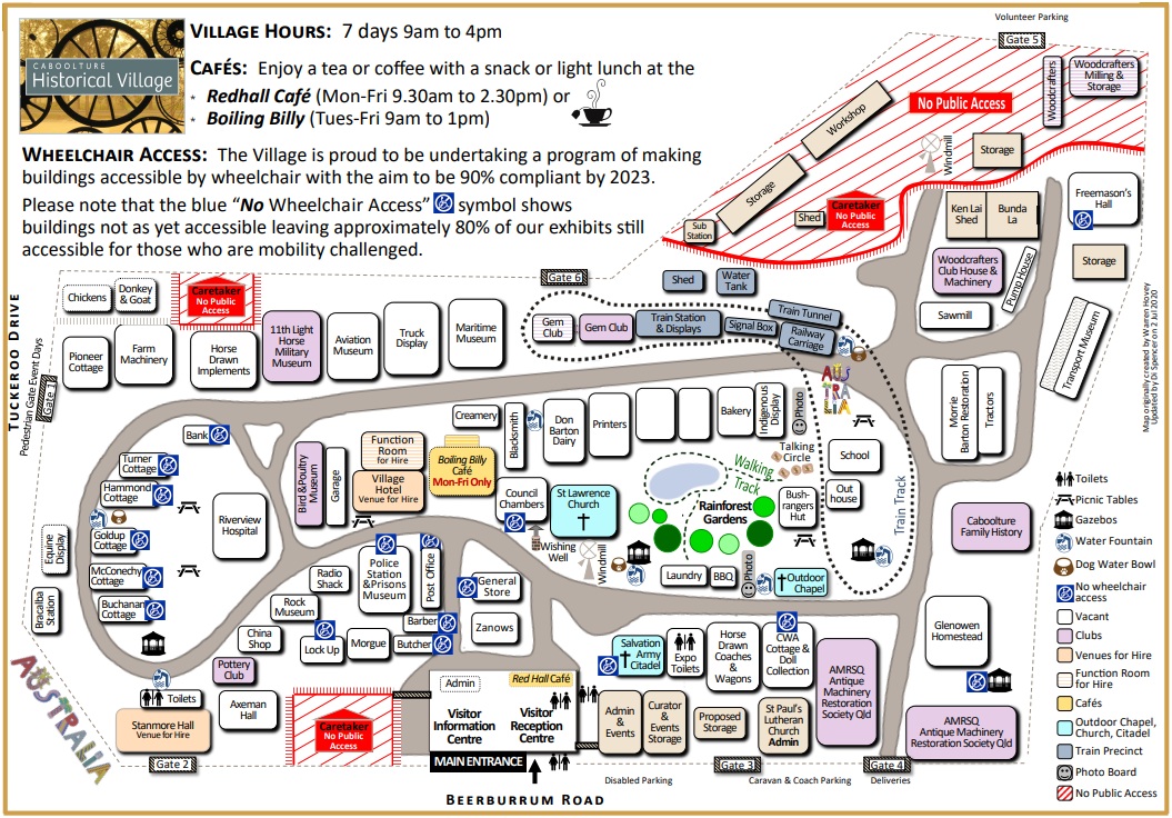 Map of a historical village with various attractions and facilities. On the left, Tuckeroo Drive features areas like Pioneer Cottages, Farm Machinery, and a Riverbend House. The centre includes a Function Room, St Lawrence Church, and Rainforest Gardens. On the right, there's a Woodworking Museum, Sawmill, and Catholic Family History. The bottom has the Visitor Information Centre and Redhall Café. Symbols indicate wheelchair access, toilets, and picnic areas.