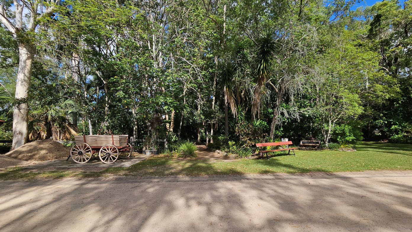 A dirt path runs across the foreground, casting shadows from the surrounding trees. On the left, a wooden cart with large wheels is positioned near a mound of earth. In the centre, dense greenery and trees create a lush backdrop. To the right, a red bench sits on a grassy area, with more trees and foliage behind it. The scene is filled with natural elements, providing a serene, wooded setting.