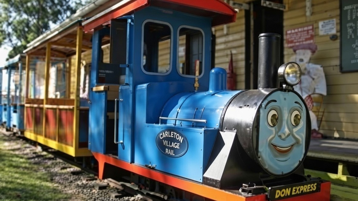 A small, colourful train with a blue engine featuring a smiling face on the front. The engine has a black chimney and a headlamp. The side reads "Carleton Village Rail" and the front says "Don Express." Behind the engine, there are open passenger carriages painted in yellow and red. The train is on a track with grass alongside. In the background, there is a wooden building with various signs and a cut-out figure. Trees are visible to the left.