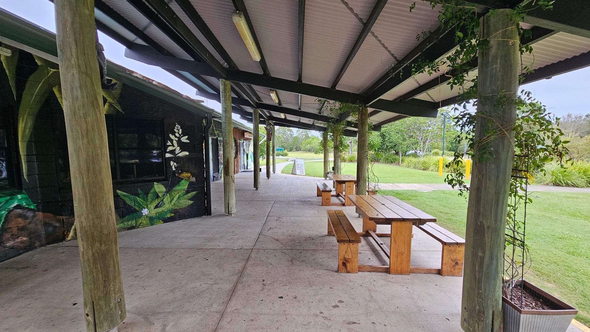 A covered outdoor area with a concrete floor and a corrugated metal ceiling supported by wooden posts. On the left, a building wall features a mural with green leaves and white flowers. On the right, wooden picnic tables are placed on the concrete. Vines climb some of the posts. In the background, a grassy area with trees and a path is visible, along with a sign and yellow bollards.
