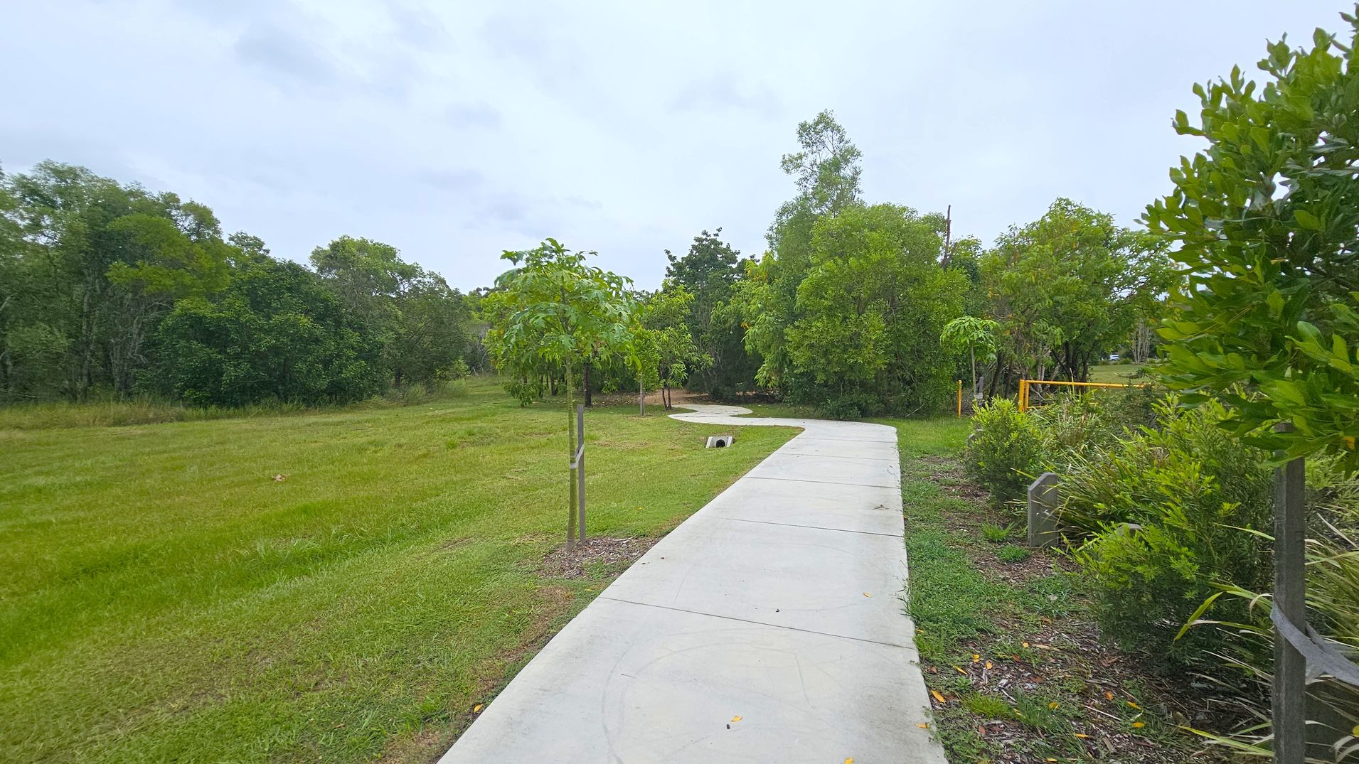 A concrete path curves through a grassy area, flanked by small trees and bushes. On the left, there's a wide expanse of grass with dense trees in the background. On the right, the path is bordered by more greenery, including shrubs and a wooden fence. The sky is overcast, casting a soft light over the scene.