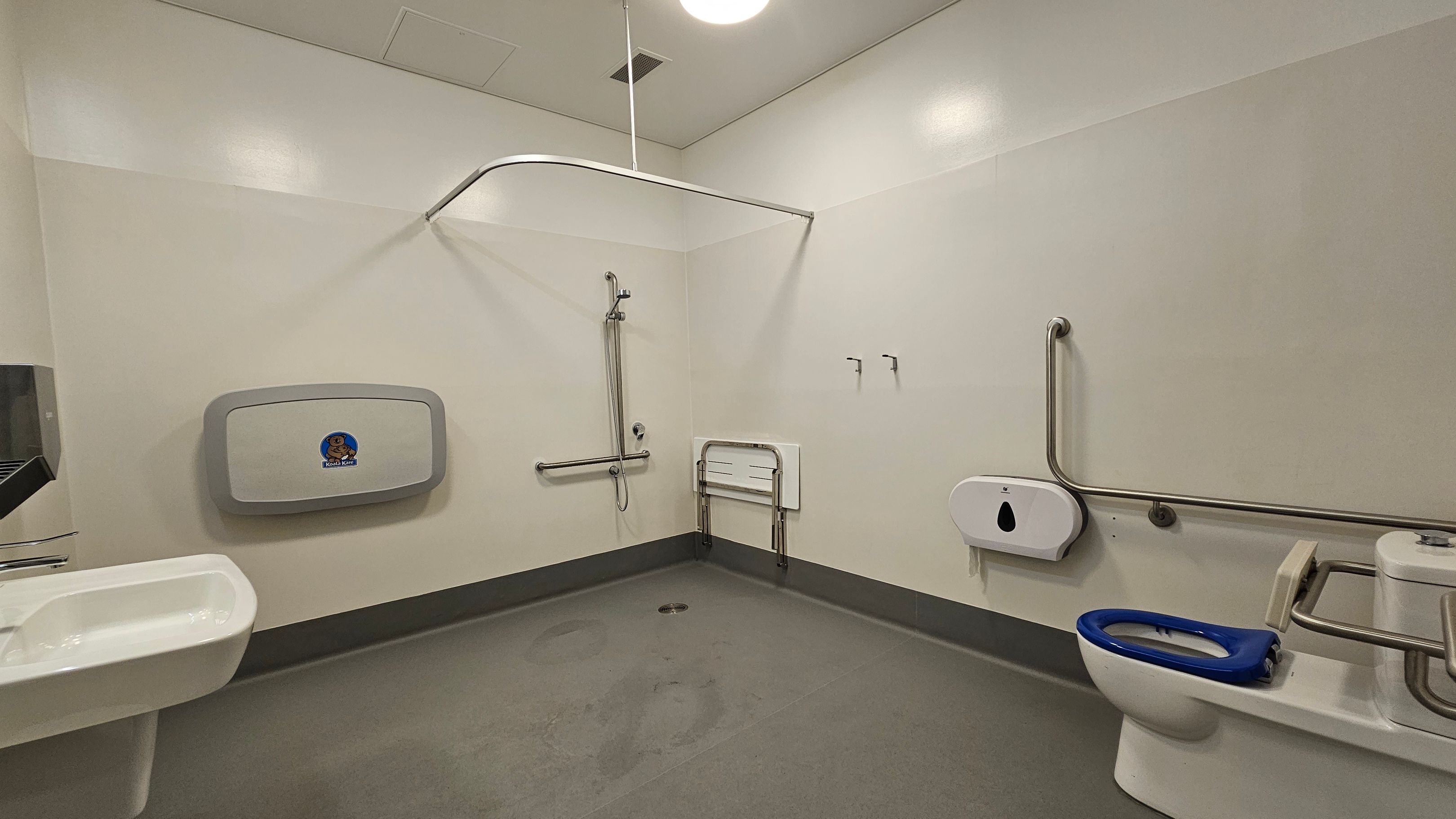 A spacious accessible bathroom with a green floor and white walls. On the left, there's a white sink and a baby changing station mounted on the wall. In the centre, a shower area with a handheld showerhead and grab bars. On the right, a toilet with a blue seat, equipped with support rails and a toilet paper dispenser. The ceiling is white with a round light fixture. A spacious accessible bathroom with a green floor and white walls. On the left, there's a white sink and a baby changing station mounted on the wall. In the centre, a shower area with a handheld showerhead and grab bars. On the right, a toilet with a blue seat, equipped with support rails and a toilet paper dispenser. The ceiling is white with a round light fixture.