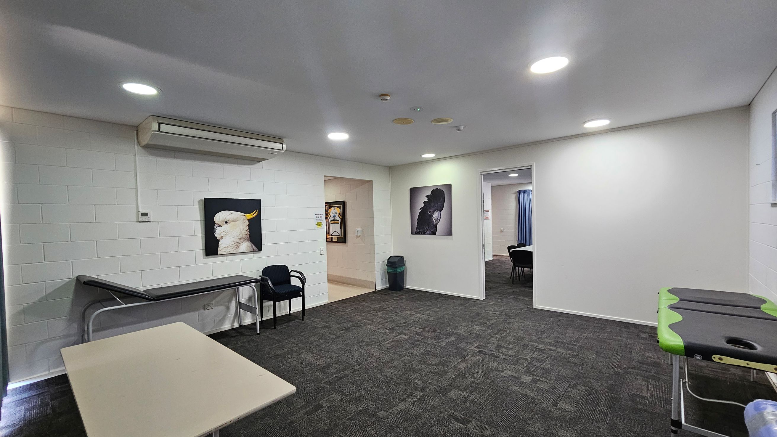 A room with white brick walls and a dark carpeted floor. On the left, there's a black examination table and two chairs beneath a wall-mounted air conditioner. A painting of a white bird is on the wall. In the centre, a doorway leads to another room, with a green bin nearby and a painting of a black bird. On the right, a green and black massage table is visible. The ceiling has recessed lighting. A room with white brick walls and a dark carpeted floor. On the left, there's a black examination table and two chairs beneath a wall-mounted air conditioner. A painting of a white bird is on the wall. In the centre, a doorway leads to another room, with a green bin nearby and a painting of a black bird. On the right, a green and black massage table is visible. The ceiling has recessed lighting.