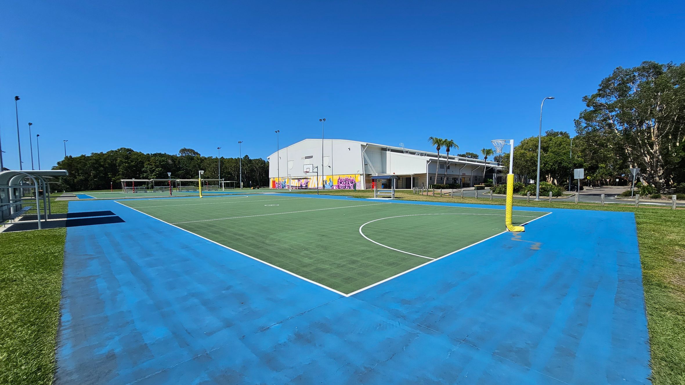 A netball court with a blue perimeter and green playing area. On the left, there is a covered seating area and grass. In the background, a large white building with colourful murals is visible, surrounded by trees. On the right, there are more trees and a road with street signs and lamp posts. The court has netball hoops with yellow padding. A netball court with a blue perimeter and green playing area. On the left, there is a covered seating area and grass. In the background, a large white building with colourful murals is visible, surrounded by trees. On the right, there are more trees and a road with street signs and lamp posts. The court has netball hoops with yellow padding.