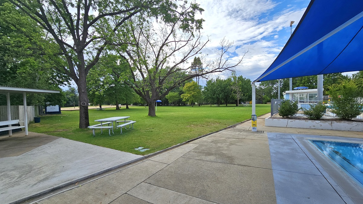 To the left is a shaded facility with picnic tables underneath. More picnic tables are positioned under the shade of trees. Trimmed grass and tall trees cover the left section. To the right is the kids' pool covered with a blue shade cloth. Adjacent is a metal fence that separates the diving pool. To the left is a shaded facility with picnic tables underneath. More picnic tables are positioned under the shade of trees. Trimmed grass and tall trees cover the left section. To the right is the kids' pool covered with a blue shade cloth. Adjacent is a metal fence that separates the diving pool.