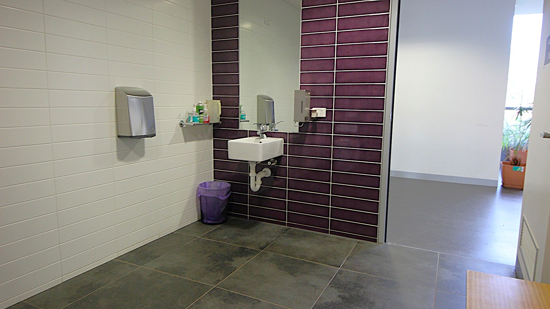 On the left side of the door of the accessible bathroom is another purple-tiled wall where a mirror, a wash basin, and an automatic liquid soap dispenser can be seen. Mounted on the left white-painted wall near the wash basin is a hand dryer, an overhang for plastic hygiene containers, and a rubbish bin with a purple garbage bag. On the left side of the door of the accessible bathroom is another purple-tiled wall where a mirror, a wash basin, and an automatic liquid soap dispenser can be seen. Mounted on the left white-painted wall near the wash basin is a hand dryer, an overhang for plastic hygiene containers, and a rubbish bin with a purple garbage bag.