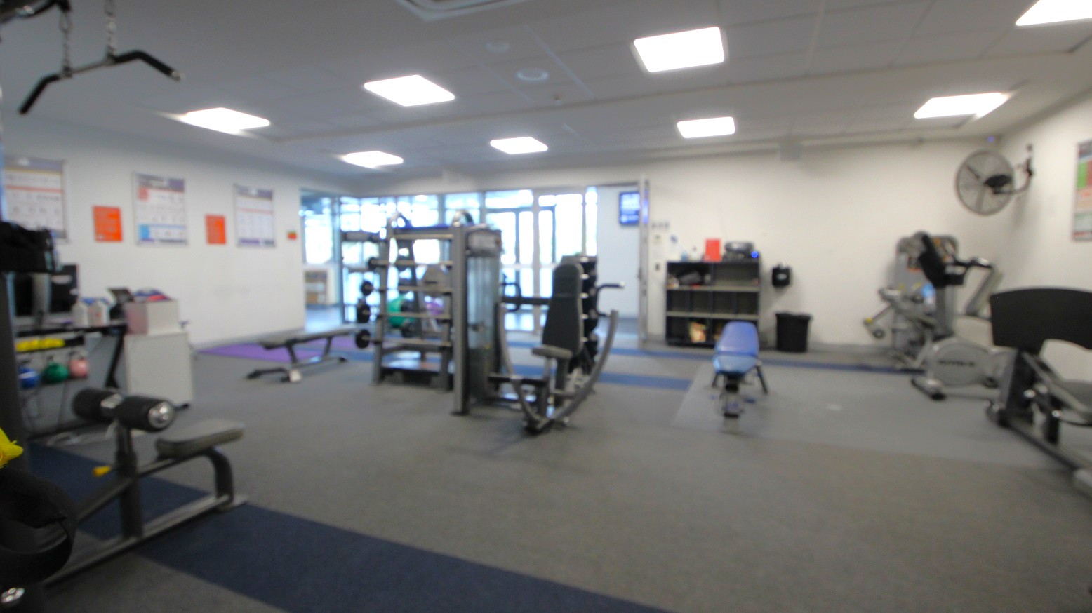 A gym with various exercise equipment. In the centre, there is a weight machine and a bench. To the right, a treadmill and a stationary bike are visible. On the left, there are more benches and weights. The walls have posters, and a fan is mounted on the right wall. The floor is carpeted with dark grey tiles, and the ceiling has recessed lighting. In the background, there are large windows and a glass door. A gym with various exercise equipment. In the centre, there is a weight machine and a bench. To the right, a treadmill and a stationary bike are visible. On the left, there are more benches and weights. The walls have posters, and a fan is mounted on the right wall. The floor is carpeted with dark grey tiles, and the ceiling has recessed lighting. In the background, there are large windows and a glass door.