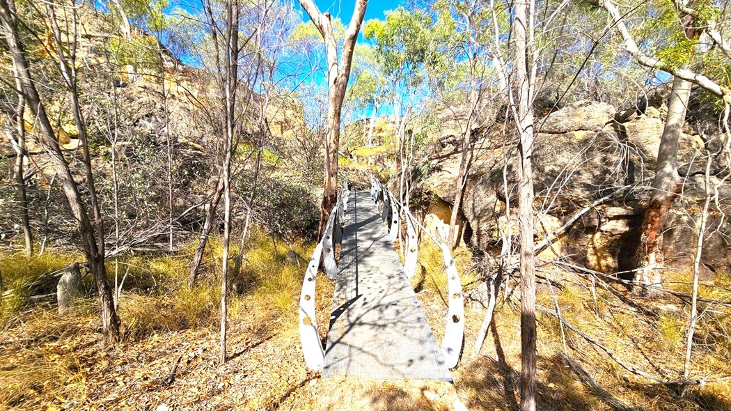 A narrow metal bridge with perforated railings extends through a rocky, wooded area. The ground is covered with dry leaves and grass. On both sides, there are slender trees with sparse foliage. Large rock formations are visible in the background, with some greenery growing on them. The sky is clear and blue, visible through the tree branches.