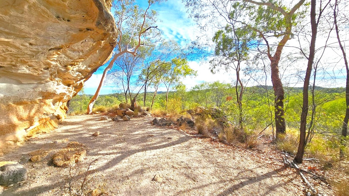 A rocky overhang on the left with textured layers of stone. The ground is covered with dirt and scattered rocks. On the right, there are several slender trees with sparse foliage, and beyond them, a view of a green, forested landscape. Shadows of the trees stretch across the ground, and the scene is brightly lit.
