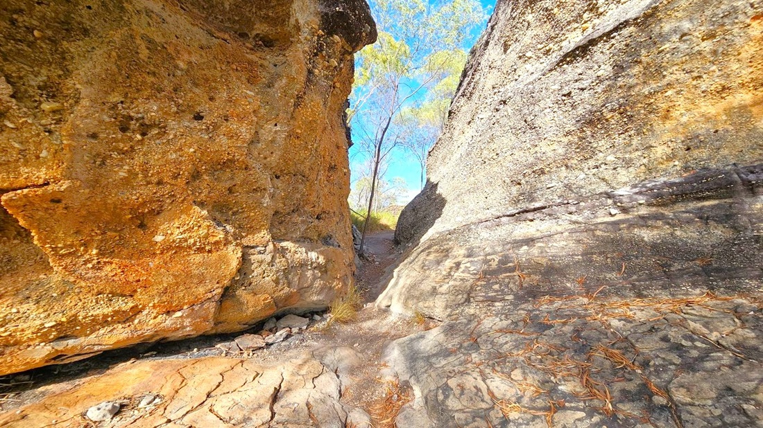 Tall rock formations on both sides create a narrow passage. The left side features a rough, textured surface with a mix of brown and green hues. The right side has a smoother appearance with grey tones. In the middle, a dirt path leads through the gap, with a few small trees visible in the background. The ground is uneven with scattered leaves and small rocks. The sky is visible above, adding a touch of blue.
