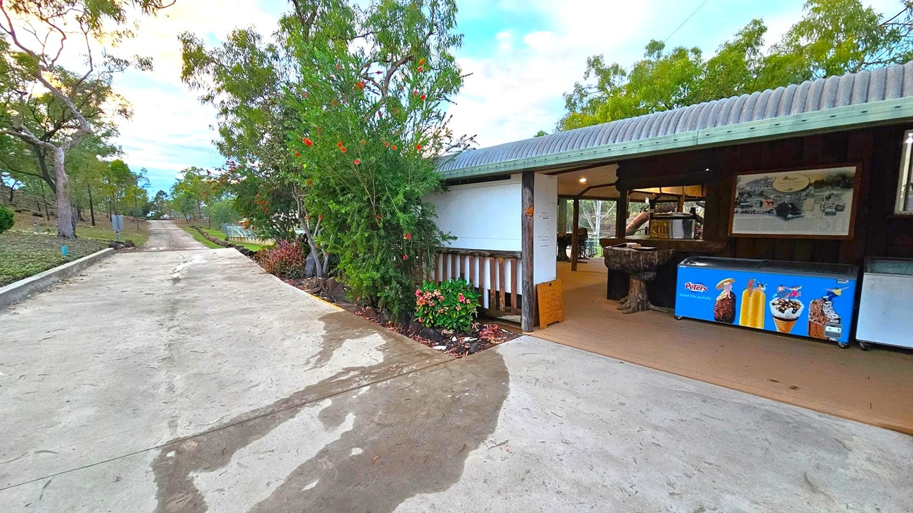 A paved path runs along the left side, bordered by trees and grass. On the right, there's a small building with a corrugated metal roof. The building has an open area with a counter displaying ice cream advertisements. A tree with red flowers and some plants are in front of the building. The interior is partially visible, showing a wooden floor and some lighting.