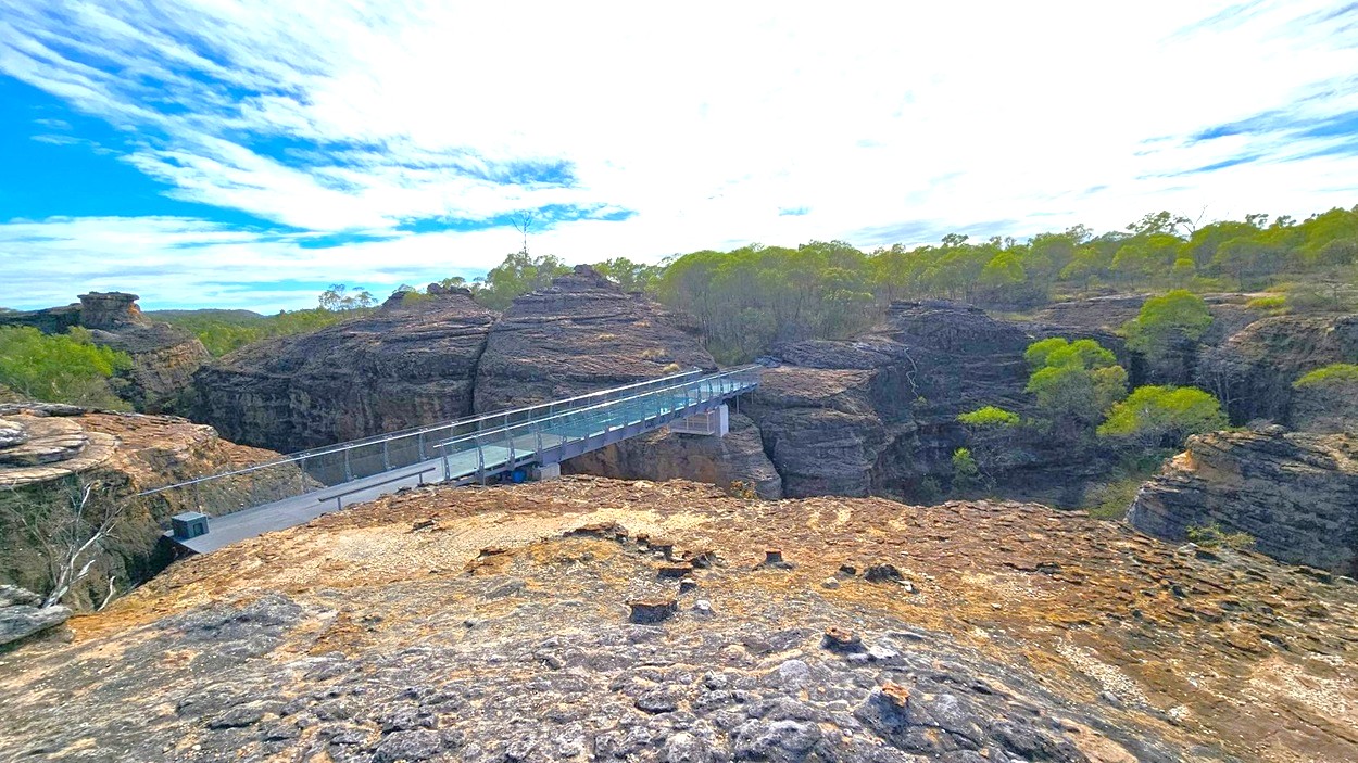 A rocky landscape with a modern glass and metal bridge extending across a deep gorge. The foreground features rugged, uneven rock surfaces with sparse vegetation. In the background, dense green trees cover the tops of the rock formations, creating a natural canopy. The bridge connects two large rock formations, providing a pathway over the chasm.