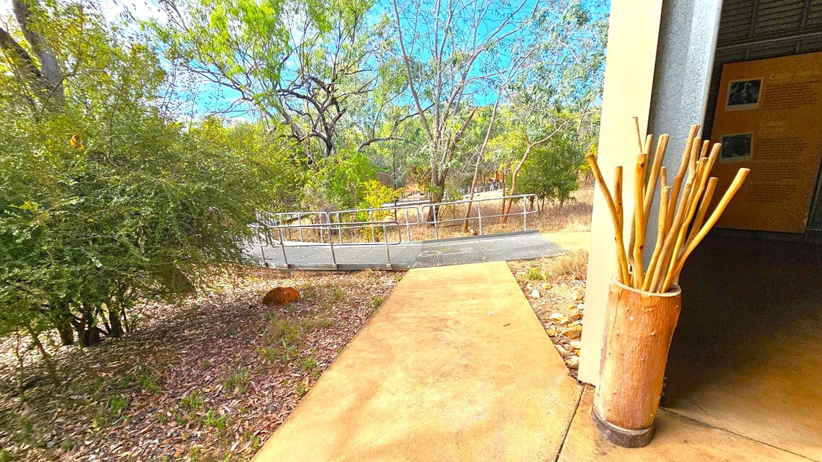 A pathway leads from the foreground to a metal ramp in the middle, surrounded by dense greenery and trees. On the right, a large container holds several wooden sticks, positioned next to a building with a partially visible wall. The ground is covered with dry leaves and the path is made of a smooth, light brown material.