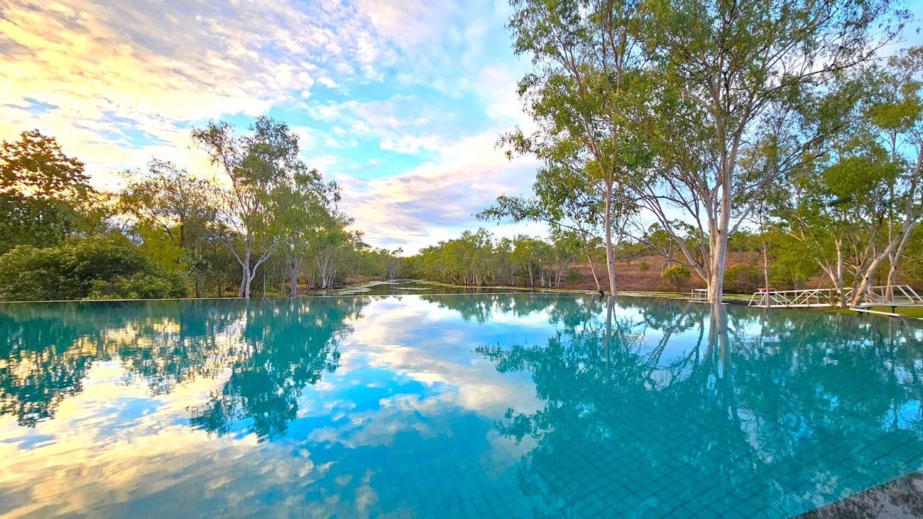 A serene infinity pool stretches across the foreground, reflecting the surrounding landscape. On the left and right, tall trees with slender trunks and green foliage line the pool's edge. In the background, more trees and dense greenery extend into the distance. The water's surface mirrors the trees and the sky, creating a tranquil scene. The pool tiles are visible beneath the clear water.