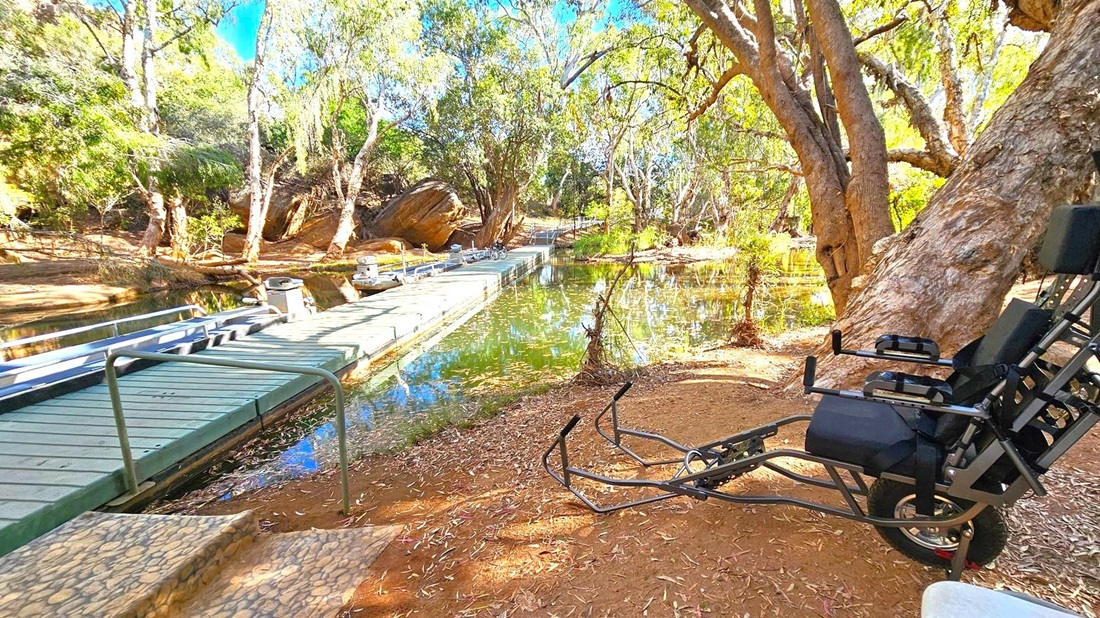 A serene outdoor scene with a wooden dock extending over a calm body of water on the left. The dock has metal railings and is surrounded by lush trees and greenery. On the right, a specialised wheelchair is positioned on a dirt path, next to a large tree with a textured trunk. The ground is covered with dry leaves and the area is shaded by the tree canopy. Steps lead down to the dock, and the water reflects the surrounding foliage.