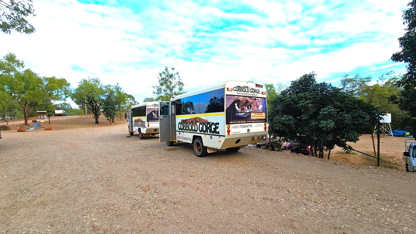 Two buses with "Cobbold Gorge" branding are parked on a dirt area. The bus on the right has an open door, and both display images and text promoting tours and accommodation. Trees with green foliage are scattered around, and a small structure is visible in the background on the left. The ground is covered with gravel and dirt, and there are some scattered rocks. A few more trees and a small vehicle are partially visible on the right.
