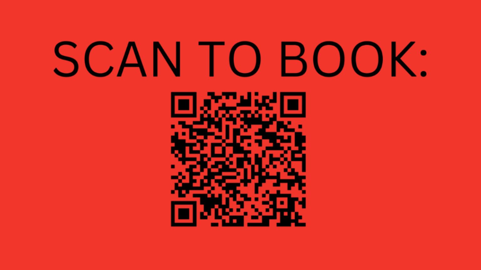 A bright red background with the text “SCAN TO BOOK:” above a centered QR code.
