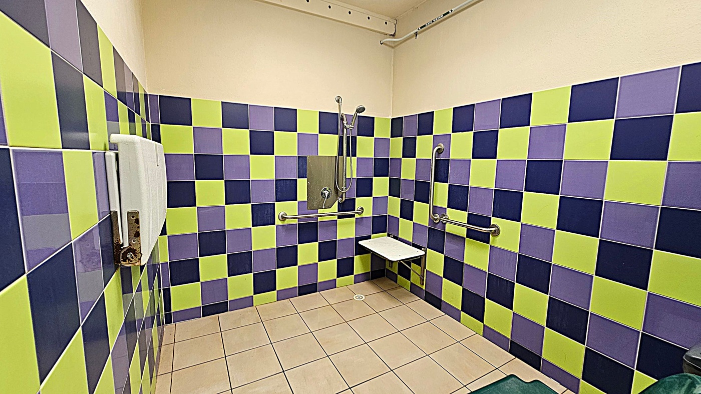 A shower room with walls covered in a checkerboard pattern of lime green and dark blue tiles. On the left, a white foldable shower seat is attached to the wall. In the centre, a showerhead and controls are mounted on a metal panel, with horizontal grab bars below. On the right, a white fold-down seat is fixed to the wall, also with grab bars. The floor is tiled in light beige, and the ceiling is plain white.