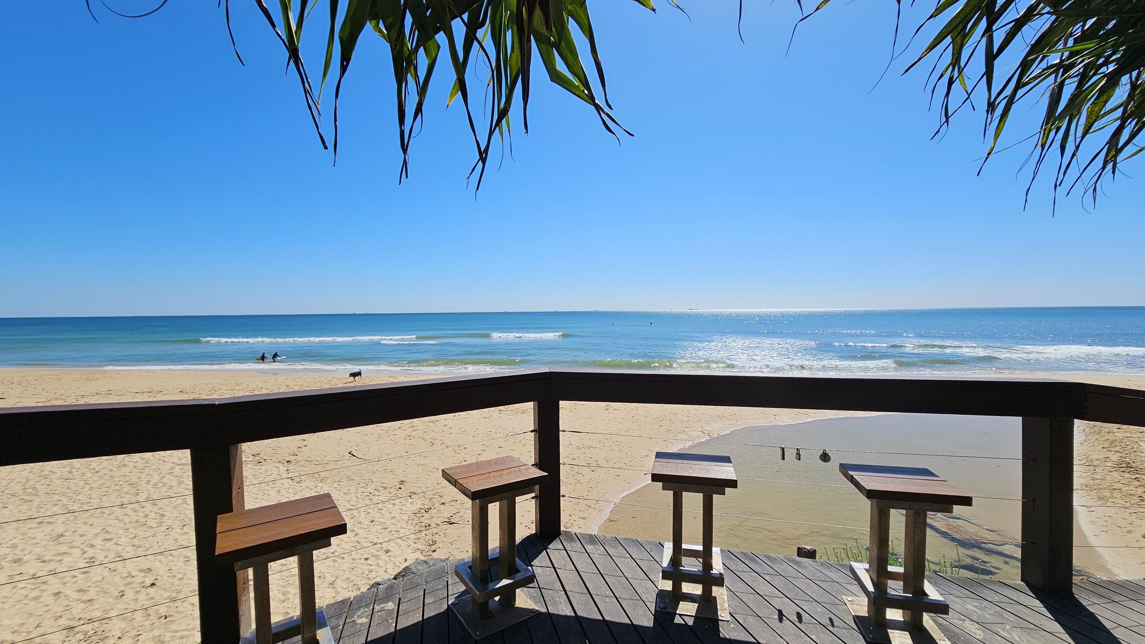 Wooden stools are arranged on a deck overlooking a sandy beach. The deck has a railing with a view of the ocean, where gentle waves meet the shore. In the background, two people are in the water, and a dog is walking along the sand. Overhead, leafy branches hang down, partially framing the scene. The sky is clear and blue. Wooden stools are arranged on a deck overlooking a sandy beach. The deck has a railing with a view of the ocean, where gentle waves meet the shore. In the background, two people are in the water, and a dog is walking along the sand. Overhead, leafy branches hang down, partially framing the scene. The sky is clear and blue.
