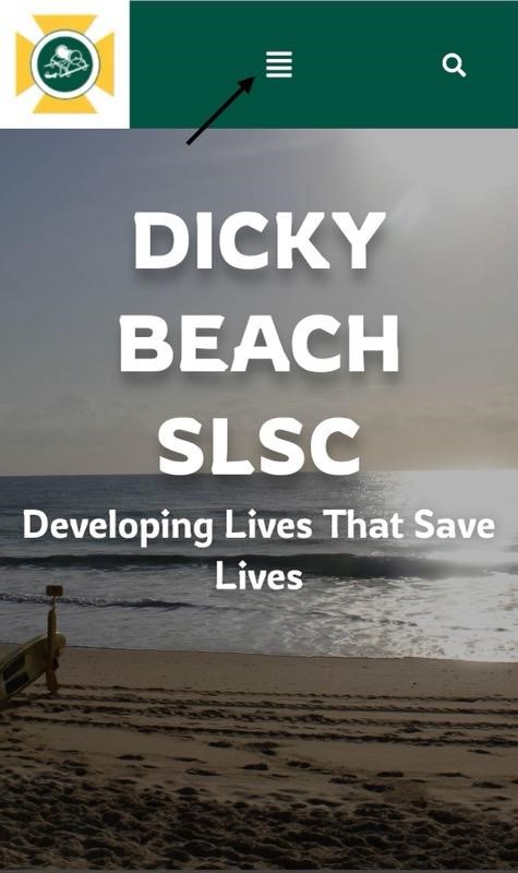On the left, there's a logo with a green emblem surrounded by a yellow shape on a white background. On the right, a green bar with a search icon. In the middle, bold white text reads "DICKY BEACH SLSC," followed by "Developing Lives That Save Lives," over a backdrop of waves breaking on a sandy beach. The foreground has textured sand with a lifeguard stand. On the left, there's a logo with a green emblem surrounded by a yellow shape on a white background. On the right, a green bar with a search icon. In the middle, bold white text reads "DICKY BEACH SLSC," followed by "Developing Lives That Save Lives," over a backdrop of waves breaking on a sandy beach. The foreground has textured sand with a lifeguard stand.