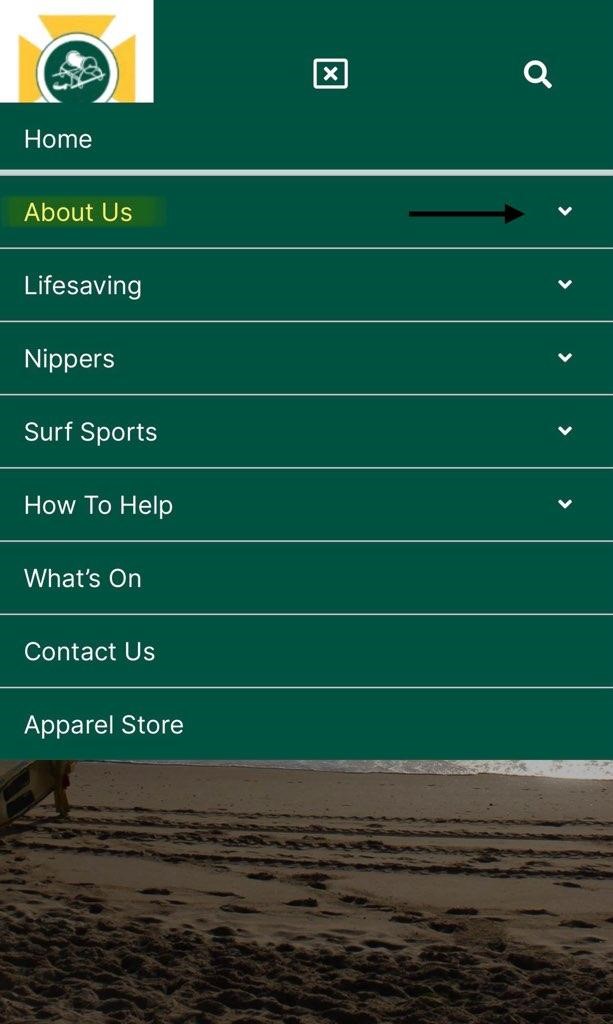 A mobile menu with a green background and a black arrow pointing to the right. A logo is placed on the upper left. The foreground has textured sand with a lifeguard stand. A mobile menu with a green background and a black arrow pointing to the right. A logo is placed on the upper left. The foreground has textured sand with a lifeguard stand.