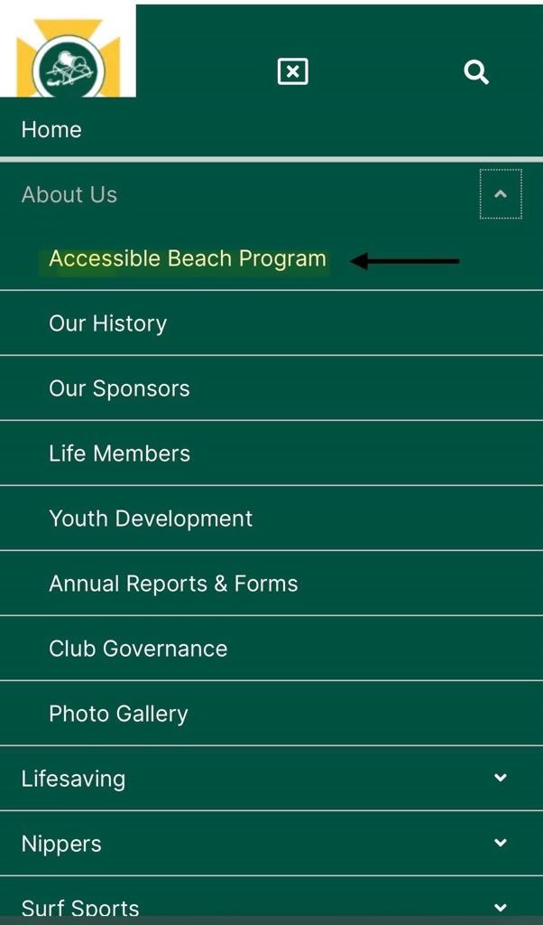 A mobile menu with a green background and a black arrow pointing to the left. A logo is placed on the upper left. The foreground has textured sand with a lifeguard stand. A mobile menu with a green background and a black arrow pointing to the left. A logo is placed on the upper left. The foreground has textured sand with a lifeguard stand.