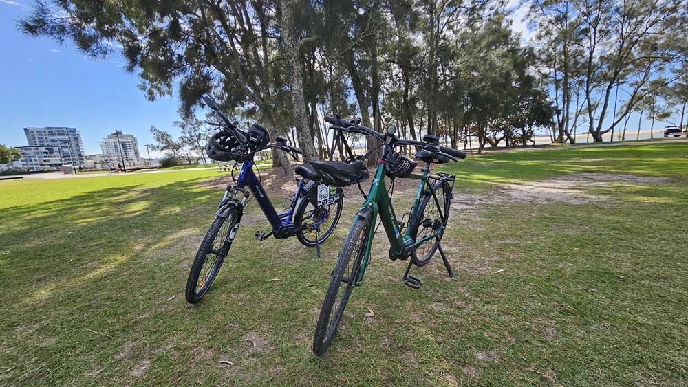On the left, a dark blue electric bike with a helmet hanging on the handlebars. On the right, a green electric bike with a similar design. In the middle, both bikes are standing on their kickstands, facing slightly towards each other. The background features a grassy park area with tall trees and some buildings in the distance.