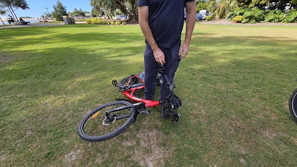 On the left, a red electric bike lies on its side on a grassy area. In the middle, a person wearing a dark blue shirt and trousers is standing, holding the bike's handlebars. On the right, more grass and part of another bicycle wheel are visible. The background includes a grassy park area with trees, bushes, and some parked cars.