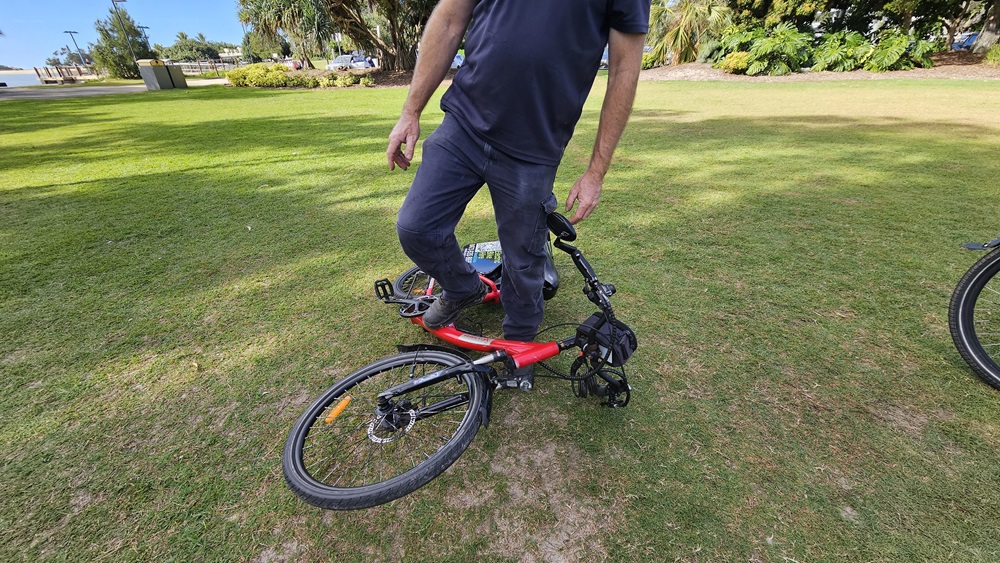 On the left, a red electric bike lies on its side on a grassy area. In the middle, a person wearing a dark blue shirt and trousers is standing with one foot on the bike's frame and holding the handlebars. On the right, part of another bicycle wheel is visible on the grass. The background includes a grassy park area with trees, bushes, and a distant pathway.