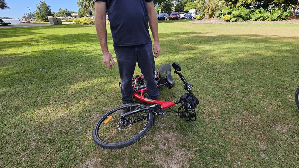 On the left, a grassy area with a few scattered trees and a distant pathway. In the middle, a person wearing a dark blue shirt and trousers is standing with their hands by their sides, next to a red electric bike lying on its side. On the right, more grass and part of another bicycle wheel are visible. The background includes a grassy park area with trees, bushes, and some distant buildings.
